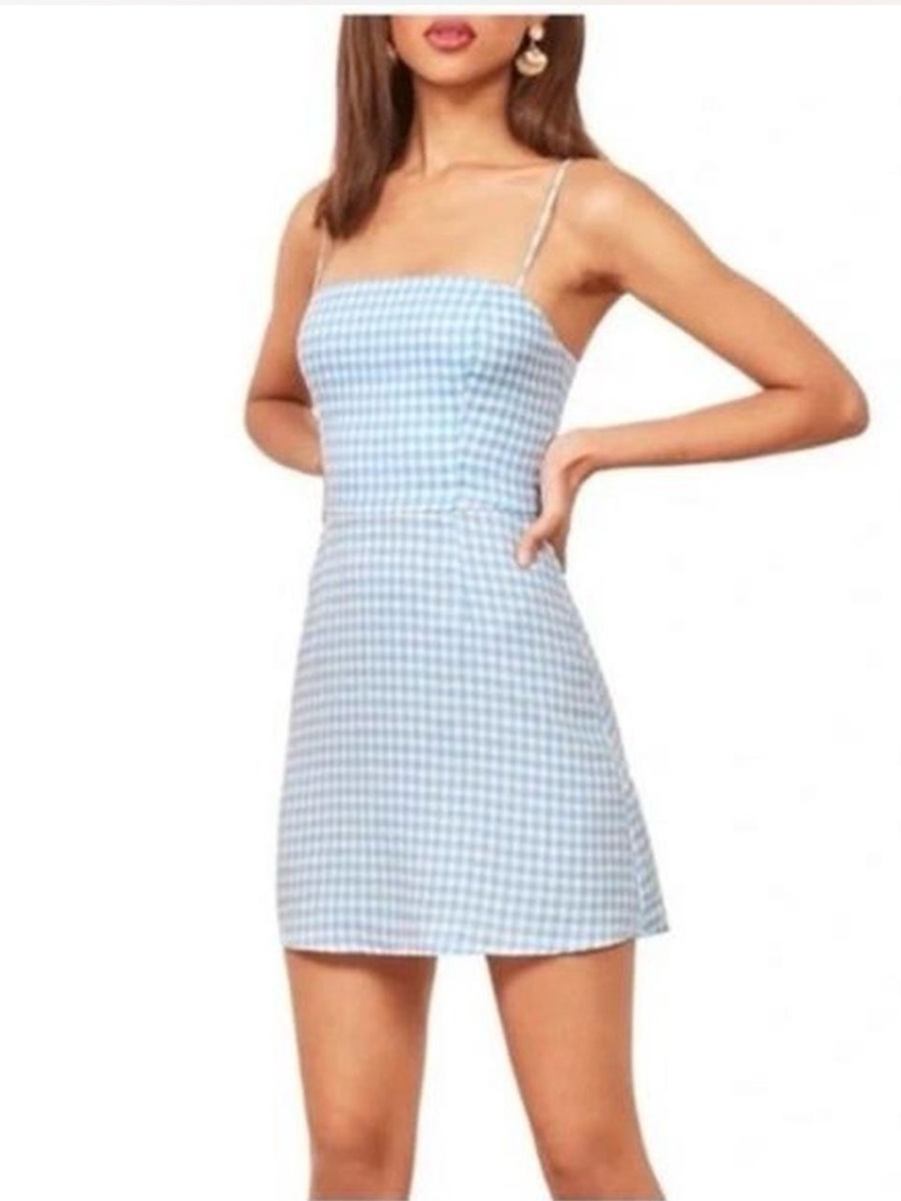 Reformation Gingham Square-Neck Spaghetti Strap Mini Dress - Light Blue/White